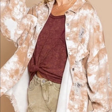 Load image into Gallery viewer, Sometimes, you just want a super casual but trendy jacket that offers a little edge. This oversized shacket can be worn as a shirt or jacket /open cardigan. Our Ophelia is a lightweight denim fabric with tie dye print and frayed distressed details. Each garment has been hand tie dyed, each piece may look slightly different with the colors and wash. Comes in two colors- Rose and Blue tie dye and Mocha tie dye.
