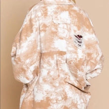 Load image into Gallery viewer, Sometimes, you just want a super casual but trendy jacket that offers a little edge. This oversized shacket can be worn as a shirt or jacket /open cardigan. Our Ophelia is a lightweight denim fabric with tie dye print and frayed distressed details. Each garment has been hand tie dyed, each piece may look slightly different with the colors and wash. Comes in two colors- Rose and Blue tie dye and Mocha tie dye.