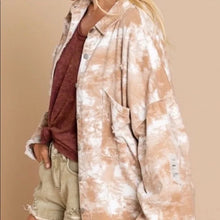 Load image into Gallery viewer, Sometimes, you just want a super casual but trendy jacket that offers a little edge. This oversized shacket can be worn as a shirt or jacket /open cardigan. Our Ophelia is a lightweight denim fabric with tie dye print and frayed distressed details. Each garment has been hand tie dyed, each piece may look slightly different with the colors and wash. Comes in two colors- Rose and Blue tie dye and Mocha tie dye.