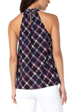 Load image into Gallery viewer, A beautiful statement piece, this sleeveless mock neck tank will take you effortlessly from day to evening. Unique textured plaid in colors of lollipop red, white and navy pairs beautifully with jeans, white bottoms and shorts. Textured bold stripes crisscross and give this fabulous top a chic look.
