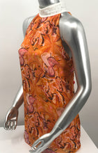 Load image into Gallery viewer, A striking orange with splashes of pink, white and dark gray come together to create a gorgeous, flowy, sleeveless top that will get you compliments! A beautiful ivory colored lace collar gives even greater interest to this already stunning top. Looks fabulous paired with white or black pants, jeans or shorts. Dress up or dress casually. This top is so very versatile!