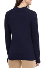 Load image into Gallery viewer, We love the classic mock neck style that's refreshed with raglan sleeves with a honeycomb design. This sleek fit will give you just the right touch of style. This is the perfect basic that will take you through the Winter. Color- Dark marine. Pop-over mock neck Slim fit. Rib cuff. Long raglan sleeve. Soft spun rayon knit.