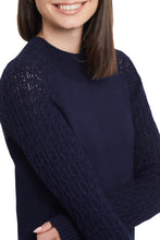 Load image into Gallery viewer, We love the classic mock neck style that's refreshed with raglan sleeves with a honeycomb design. This sleek fit will give you just the right touch of style. This is the perfect basic that will take you through the Winter. Color- Dark marine. Pop-over mock neck Slim fit. Rib cuff. Long raglan sleeve. Soft spun rayon knit.