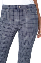 Load image into Gallery viewer, The Madonna slim pant in navy and porcelain plaid will complement your trendsetting look with a slimming design and pattern. This is a great pant to wear during work or play. The lovely plaid fabric goes so well with your favorite white or navy top. Create a well put together and class act outfit by pairing with our PROMISE NAVY AND PORCELAIN PLAID BOYFRIEND BLAZER WITH PRINCESS DARTS. Color- Navy and porcelain plaid. Inseam- 29 inches.