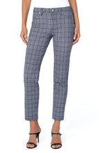 Load image into Gallery viewer, The Madonna slim pant in navy and porcelain plaid will complement your trendsetting look with a slimming design and pattern. This is a great pant to wear during work or play. The lovely plaid fabric goes so well with your favorite white or navy top. Create a well put together and class act outfit by pairing with our PROMISE NAVY AND PORCELAIN PLAID BOYFRIEND BLAZER WITH PRINCESS DARTS. Color- Navy and porcelain plaid. Inseam- 29 inches.