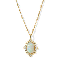 Load image into Gallery viewer, A gorgeous design on the New Lourdes Opal Necklace creates a lovely pendant that can be worn for all occasions. A gorgeous oval opal is surrounded by gold detailing and four cubic zirconia. The intricate chain has small gold beading. The beauty is in the details and our New Lourdes necklace is a beauty in its own right.