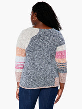 Load image into Gallery viewer, Just the right weight for the colder days of fall and winter, this gorgeous sweater will keep you cozy warm. We love the modern look of color blocks sewn together with intarsia knit. There's also some hidden detailing in the yarn itself, with flecks of darker shades running throughout. A classic crew neck, long sleeves, and a hem designed to sit at the hip completes the look. Color- Indigo multi-Gray, light blue, pink, coral, white. Pullover sweater. Intarsia knitting. Midweight.
