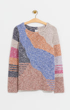 Load image into Gallery viewer, Just the right weight for the colder days of fall and winter, this gorgeous sweater will keep you cozy warm. We love the modern look of color blocks sewn together with intarsia knit. There's also some hidden detailing in the yarn itself, with flecks of darker shades running throughout. A classic crew neck, long sleeves, and a hem designed to sit at the hip completes the look. Color- Indigo multi-Gray, light blue, pink, coral, white. Pullover sweater. Intarsia knitting. Midweight.