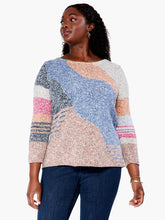 Load image into Gallery viewer, Just the right weight for the colder days of fall and winter, this gorgeous sweater will keep you cozy warm. We love the modern look of color blocks sewn together with intarsia knit. There's also some hidden detailing in the yarn itself, with flecks of darker shades running throughout. A classic crew neck, long sleeves, and a hem designed to sit at the hip completes the look. Color- Indigo multi-Gray, light blue, pink, coral, white. Pullover sweater. Intarsia knitting. Midweight.