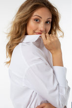 Load image into Gallery viewer, OEffortlessly crisp and endlessly versatile, the Odeline Shirt by Liverpool Los Angeles brings modern ease to a timeless staple. Crafted in a soft, lightweight cotton blend with just enough drape, this oversized classic features a pointed collar, button-front closure, three-quarter sleeves with a tailored cuff that hits mid-forearm for soft structure and a relaxed drop-shoulder silhouette. Wear it tucked, tied, or layered—this piece is your go-to for polished, low-effort style.