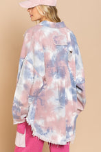 Load image into Gallery viewer, Sometimes, you just want a super casual but trendy jacket that offers a little edge. This oversized shacket can be worn as a shirt or jacket /open cardigan. Our Ophelia is a lightweight denim fabric with tie dye print and frayed distressed details. Each garment has been hand tie dyed, each piece may look slightly different with the colors and wash. Comes in two colors- Rose and Blue tie dye and Mocha tie dye.