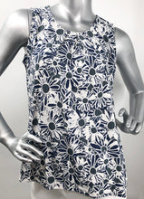 Load image into Gallery viewer, Daisies in navy, white and gray dance on this lovely sleeveless top by Papillon. The color combination makes it a very versatile top to pair with so many different bottoms from jeans to skirts and everything in-between.
