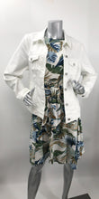 Load image into Gallery viewer, An absolutely gorgeous dress, our Winslow White Tropical dress drapes beautifully and is figure flattering. A white background comes alive with a tropical fern print and is enhanced with a gorgeous, attached tie that can be tied in the front or back. Worn to lunch or a night out. This gorgeous summer dress will make a fashion statement.
