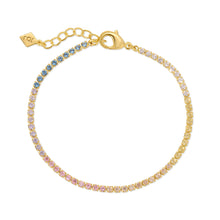 Load image into Gallery viewer, A beautiful tennis bracelet with perfect pops of pastel, the Gracie is a lovely piece that can be layered or worn alone. Our Gracie bracelet will easily become your new favorite for the Spring/Summer. Add our Gracie Pastel Tennis necklace for extra sparkle! Colors- Clear, pink, blue, yellow and gold. Length -6.5" with a 1.5" extender. Cubic zirconia. 14k gold plating over brass.