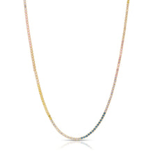 Load image into Gallery viewer, A beautiful tennis necklace with perfect pops of pastel, the Gracie is a lovely piece that can be layered or worn alone. Our Gracie necklace will easily become your new favorite for the Spring/Summer. Add our Gracie Pastel Tennis bracelet for extra sparkle! Colors- Clear, pink, blue, yellow and gold. Length -6.5" with a 1.5" extender. Cubic zirconia. 14k gold plating over brass.