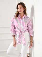 Load image into Gallery viewer, Perfectly polished for summer, this cotton-blend shirt is detailed with mixed-scale stripes. It features a stylish tie-front to accentuate the waist. Pair with your favorite white bottoms or denim. Colors- White, Pink Blouson sleeve. Button down. Tie-front. Perfect stretch.