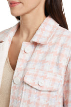Load image into Gallery viewer, If you're on the search for the perfect layering piece, this longline plaid shacket has your name written all over it. The shacket trend is a keeper because it checks all the boxes as an ideal upscale-casual item that you can throw over anything in your closet and instantly look effortlessly chic. The relaxed fit is ultra-flattering when paired with your favorite jeggings and a sleek pair of flats. Color- Wildrose; pink, white and light blue. White buttons. Plaid print. Shacket.