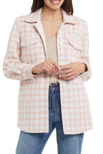 Load image into Gallery viewer, If you're on the search for the perfect layering piece, this longline plaid shacket has your name written all over it. The shacket trend is a keeper because it checks all the boxes as an ideal upscale-casual item that you can throw over anything in your closet and instantly look effortlessly chic. The relaxed fit is ultra-flattering when paired with your favorite jeggings and a sleek pair of flats. Color- Wildrose; pink, white and light blue. White buttons. Plaid print. Shacket.