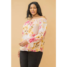 Load image into Gallery viewer, A beautiful off the shoulder neckline enhances the beauty of this top and the detailing is even more spectacular! Ruffled cuffs and front edge as well as front ties give the Gaby an edge that is eye appealing! Wear casually with jeans or dressed up with your favorite bottoms and you will feel like a star in this top!