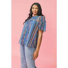 Load image into Gallery viewer, The Halle Flutter Sleeve Top has a gorgeous Aztec pattern that you won't see anywhere else! A round neckline with square yoke and a shirred front and back add detail to this lovely top while a keyhole button closure and flutter sleeves create even more interest.