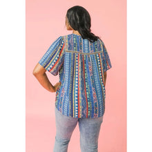 Load image into Gallery viewer, The Halle Flutter Sleeve Top has a gorgeous Aztec pattern that you won't see anywhere else! A round neckline with square yoke and a shirred front and back add detail to this lovely top while a keyhole button closure and flutter sleeves create even more interest.