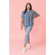 Load image into Gallery viewer, The Halle Flutter Sleeve Top has a gorgeous Aztec pattern that you won't see anywhere else! A round neckline with square yoke and a shirred front and back add detail to this lovely top while a keyhole button closure and flutter sleeves create even more interest.