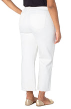 Load image into Gallery viewer, If you are looking for a fashionable and comfortable pair of jeans, look no further! So many details on our Sabra jean create a fresh and fun look! A high-rise jean, the row of exposed gold buttons really pops with interest against the whitewash jean. The wide leg style also has slight fray at the bottom of the legs which is all the fashion.