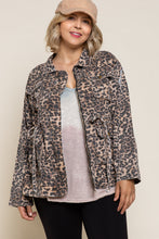 Load image into Gallery viewer, If you are looking for something new with a vintage vibe, our Virginia jacket is the perfect transitional jacket for you. Designed with a relaxed fit, the Virginia jacket has a hidden placket and zipper closure on center front and a great leopard print. Comes with a four-pouch pocket on front with an adjustable strap on the waistband and finished with distressed detail throughout the garment for vintage look. Color-Light brown base with black leopard print. Relaxed fit; no stretch.