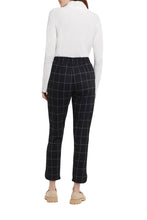 Load image into Gallery viewer, pant that is extra comfortable and has the perfect classic look, is a definite yes! You'll want to wear this pull-on pant over and over again as it offers just the right look for so many different occasions, including holiday get togethers! Color- Black and white. Black with thin white plaid stripe. Pull-on, elastic waist pant with removable corded belt. Rounded hemline. Front functional pockets.