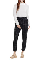Load image into Gallery viewer, pant that is extra comfortable and has the perfect classic look, is a definite yes! You'll want to wear this pull-on pant over and over again as it offers just the right look for so many different occasions, including holiday get togethers! Color- Black and white. Black with thin white plaid stripe. Pull-on, elastic waist pant with removable corded belt. Rounded hemline. Front functional pockets.