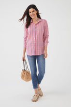 Load image into Gallery viewer, You can never go wrong with a beautiful classic long sleeve shirt. It is a must have in your wardrobe as it can be styled many different ways, all year long. Even better, add a long sleeve shirt in multi bright colors. Our Cameron delivers an eye-catching textured pattern that combines gingham with dots in colors of vivid pink, coral and purple. Colors- Punch Pink; Pink, white, purple, coral. Textured fabric. Lightweight.