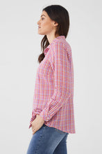 Load image into Gallery viewer, You can never go wrong with a beautiful classic long sleeve shirt. It is a must have in your wardrobe as it can be styled many different ways, all year long. Even better, add a long sleeve shirt in multi bright colors. Our Cameron delivers an eye-catching textured pattern that combines gingham with dots in colors of vivid pink, coral and purple. Colors- Punch Pink; Pink, white, purple, coral. Textured fabric. Lightweight.