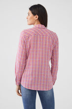 Load image into Gallery viewer, You can never go wrong with a beautiful classic long sleeve shirt. It is a must have in your wardrobe as it can be styled many different ways, all year long. Even better, add a long sleeve shirt in multi bright colors. Our Cameron delivers an eye-catching textured pattern that combines gingham with dots in colors of vivid pink, coral and purple. Colors- Punch Pink; Pink, white, purple, coral. Textured fabric. Lightweight.