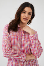 Load image into Gallery viewer, You can never go wrong with a beautiful classic long sleeve shirt. It is a must have in your wardrobe as it can be styled many different ways, all year long. Even better, add a long sleeve shirt in multi bright colors. Our Cameron delivers an eye-catching textured pattern that combines gingham with dots in colors of vivid pink, coral and purple. Colors- Punch Pink; Pink, white, purple, coral. Textured fabric. Lightweight.