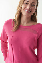 Load image into Gallery viewer, This gorgeous top features a luxurious light knit with geometric mesh panels, long sleeves and a round neckline. You'll love its relaxed, free-flowing silhouette. Lightweight fabric makes this comfortable top a perfect spring/summer style. Color- Raspberry; pink. Relaxed, free flowing fit. Geometric mess panels. Round neckline.