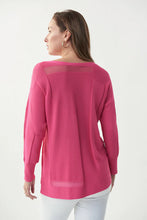 Load image into Gallery viewer, This gorgeous top features a luxurious light knit with geometric mesh panels, long sleeves and a round neckline. You'll love its relaxed, free-flowing silhouette. Lightweight fabric makes this comfortable top a perfect spring/summer style. Color- Raspberry; pink. Relaxed, free flowing fit. Geometric mess panels. Round neckline.