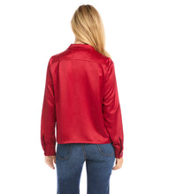 Load image into Gallery viewer, Cut from luxurious vintage heavy satin, this top is detailed with a polished notched collar and cuffed sleeves. The perfect layering piece - soft, shimmering, and easy to dress up or down. Color- Red. Button down. Vintage heavy satin. Button cuff.
