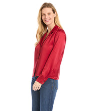 Load image into Gallery viewer, Cut from luxurious vintage heavy satin, this top is detailed with a polished notched collar and cuffed sleeves. The perfect layering piece - soft, shimmering, and easy to dress up or down. Color- Red. Button down. Vintage heavy satin. Button cuff.