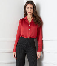 Load image into Gallery viewer, Cut from luxurious vintage heavy satin, this top is detailed with a polished notched collar and cuffed sleeves. The perfect layering piece - soft, shimmering, and easy to dress up or down. Color- Red. Button down. Vintage heavy satin. Button cuff.
