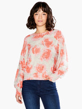 Load image into Gallery viewer, A beautiful pink abstract rose pattern on this fabulous pullover knit will brighten your spirits! This medium weight sweater is ultra comfortable and offers a number of hidden details that complement the bright design: bishop sleeves, a ribbed boatneck collar and comfy bracelet sleeves. Colors- Pink Multi; Bright pink, coral, tan with hints of dark gray threading.