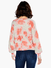Load image into Gallery viewer, A beautiful pink abstract rose pattern on this fabulous pullover knit will brighten your spirits! This medium weight sweater is ultra comfortable and offers a number of hidden details that complement the bright design: bishop sleeves, a ribbed boatneck collar and comfy bracelet sleeves. Colors- Pink Multi; Bright pink, coral, tan with hints of dark gray threading.