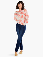 Load image into Gallery viewer, A beautiful pink abstract rose pattern on this fabulous pullover knit will brighten your spirits! This medium weight sweater is ultra comfortable and offers a number of hidden details that complement the bright design: bishop sleeves, a ribbed boatneck collar and comfy bracelet sleeves. Colors- Pink Multi; Bright pink, coral, tan with hints of dark gray threading.