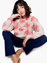 Load image into Gallery viewer, A beautiful pink abstract rose pattern on this fabulous pullover knit will brighten your spirits! This medium weight sweater is ultra comfortable and offers a number of hidden details that complement the bright design: bishop sleeves, a ribbed boatneck collar and comfy bracelet sleeves. Colors- Pink Multi; Bright pink, coral, tan with hints of dark gray threading.