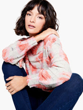 Load image into Gallery viewer, A beautiful pink abstract rose pattern on this fabulous pullover knit will brighten your spirits! This medium weight sweater is ultra comfortable and offers a number of hidden details that complement the bright design: bishop sleeves, a ribbed boatneck collar and comfy bracelet sleeves. Colors- Pink Multi; Bright pink, coral, tan with hints of dark gray threading.