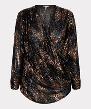 Load image into Gallery viewer, Shine and sparkle at your next event with this stunning sequin wrap over top. Just the perfect amount of stretch creates a comfortable fit. A beautiful style, our Sabine pairs perfectly with black pants. Combine with a pair of black faux leather pants and heels and you are party ready. Color- Black and bronze. Wrap over style. V-neck. Fabric- 100% Polyester.