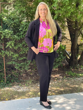 Load image into Gallery viewer, Our stunning pop of color Brea Sleeveles top is a must have in your summer wardrobe! Various shades of vibrant pinks, yellow, orange and olive-green outlined in black create a versatile look that can go from work to a night out. Pair with jeans, shorts or a skirt and a denim jacket, blazer or cardigan or just wear on its own. It truly is a piece that will make you feel happy every time you wear it, not to mention cool and comfortable during those hot days.