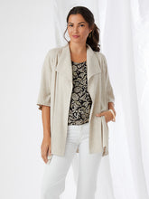 Load image into Gallery viewer, The Karen Kane Sabrina Jacket is a versatile layering piece crafted from a breathable linen-rayon blend. This stylish jacket features oversized lapels and a draped design for a chic finish. Its short sleeves and natural beige color make it perfect for pairing with a variety of tops, whether you're heading to lunch with friends or dressing up for work. Lightweight and comfortable, this jacket is a must-have addition to your wardrobe.