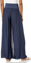 Load image into Gallery viewer, Our beautiful Nadia palazzo pant has an amazing knit fabric underneath a silk overlay. A flowy and relaxed fit gives this fabulous pant both style and comfort at the same time. Wear to the beach or to lunch, out to dinner, or a garden party or wear just lounge around the house, you can't go wrong with this stunning pant. Pair with our M Made In Italy silk tops for a complete fashionable look! Color- Navy. Boho, relaxed fit.