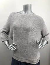 Load image into Gallery viewer, A perfect sweater for all year round, as it is not too heavy and not too light, this knit sweater is fashionable and functional. The silver-gray color is so on trend and literally goes with so many different bottoms. As this 3/4 sleeve sweater is not a tight knit, it is slightly see-through. Wear over a bralette, tank or nude bra if preferred.