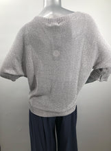 Load image into Gallery viewer, A perfect sweater for all year round, as it is not too heavy and not too light, this knit sweater is fashionable and functional. The silver-gray color is so on trend and literally goes with so many different bottoms. As this 3/4 sleeve sweater is not a tight knit, it is slightly see-through. Wear over a bralette, tank or nude bra if preferred.